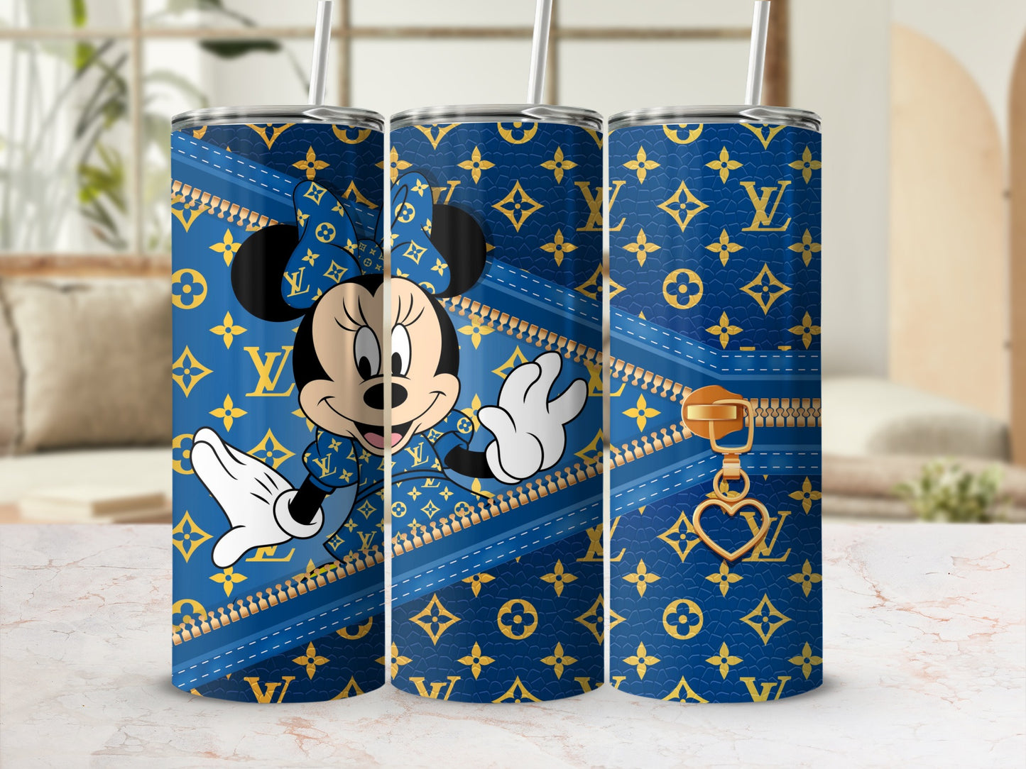 Minnie Mouse on blue Louis Vuitton pattern with gold zipper detail.