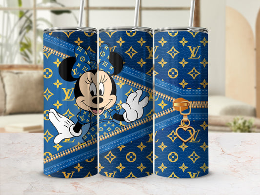Minnie Mouse on blue Louis Vuitton pattern with gold zipper detail.