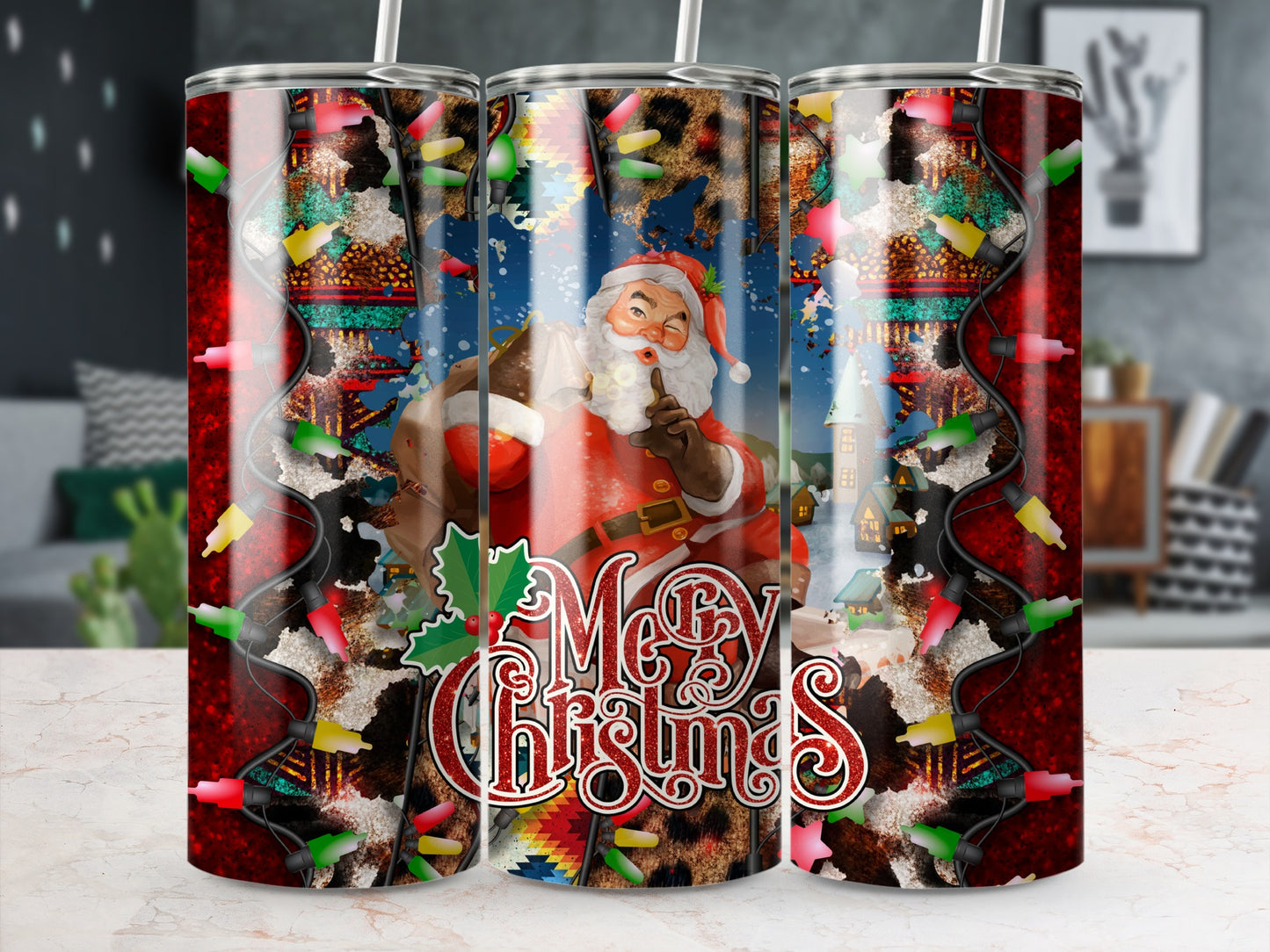 Santa with Merry Christmas text and festive lights on a tumbler.
