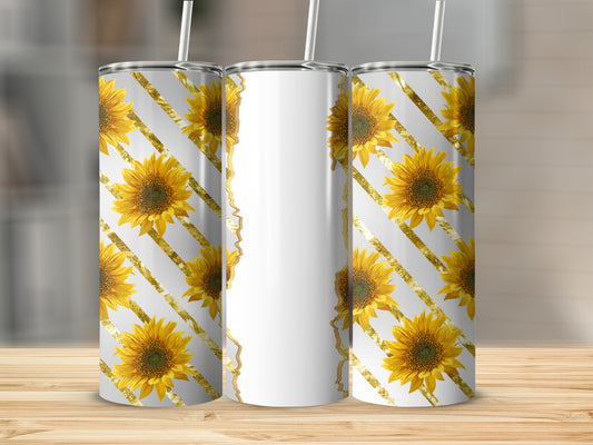 Tall tumbler with sunflowers and gold stripes on white background.