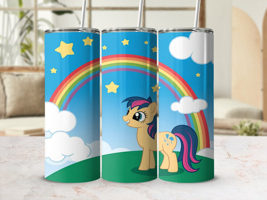 Rainbow, clouds, and stars backdrop with a cartoon pony.