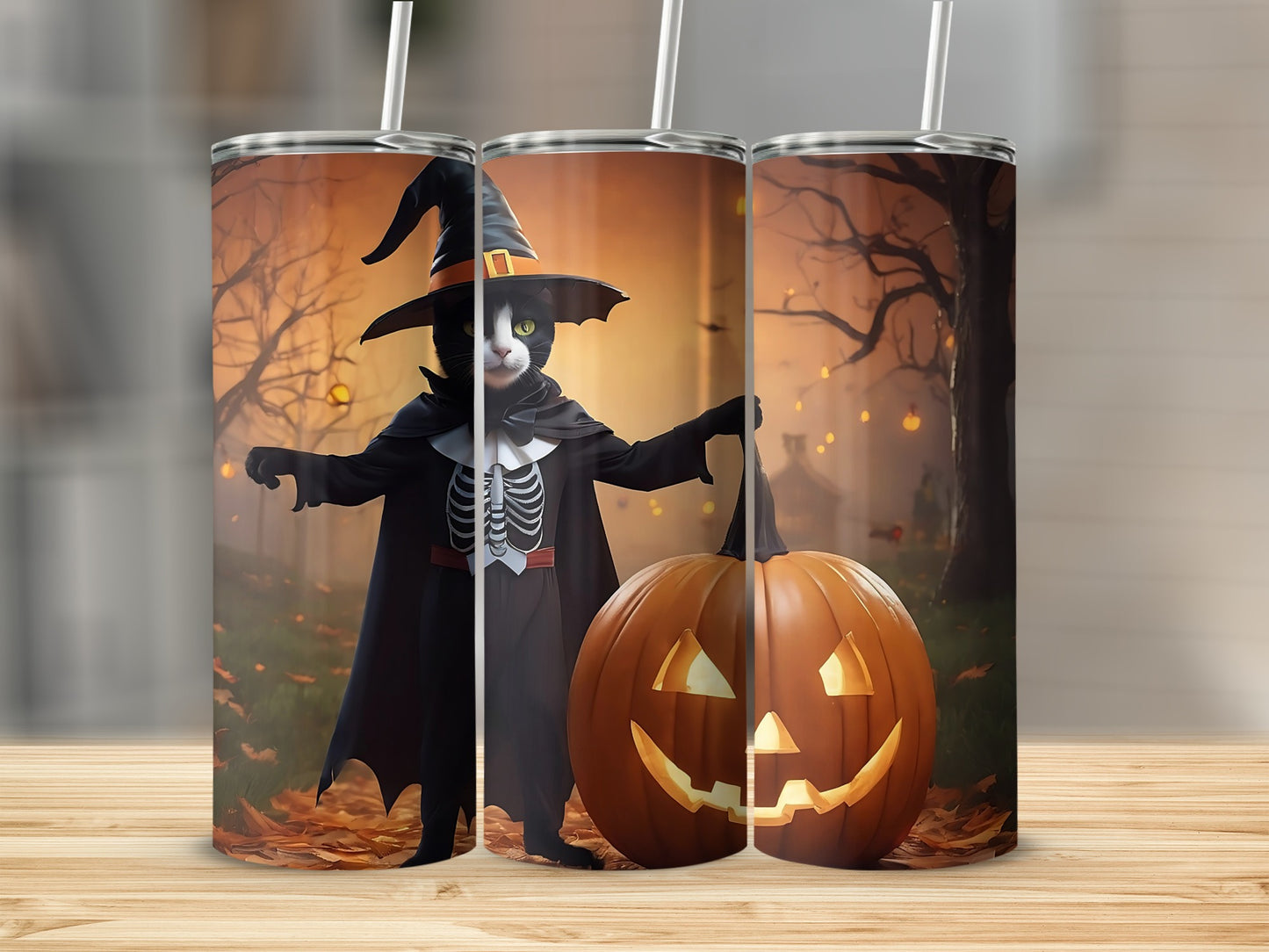 Black cat in witch costume holding carved pumpkin on Halloween themed tumbler.