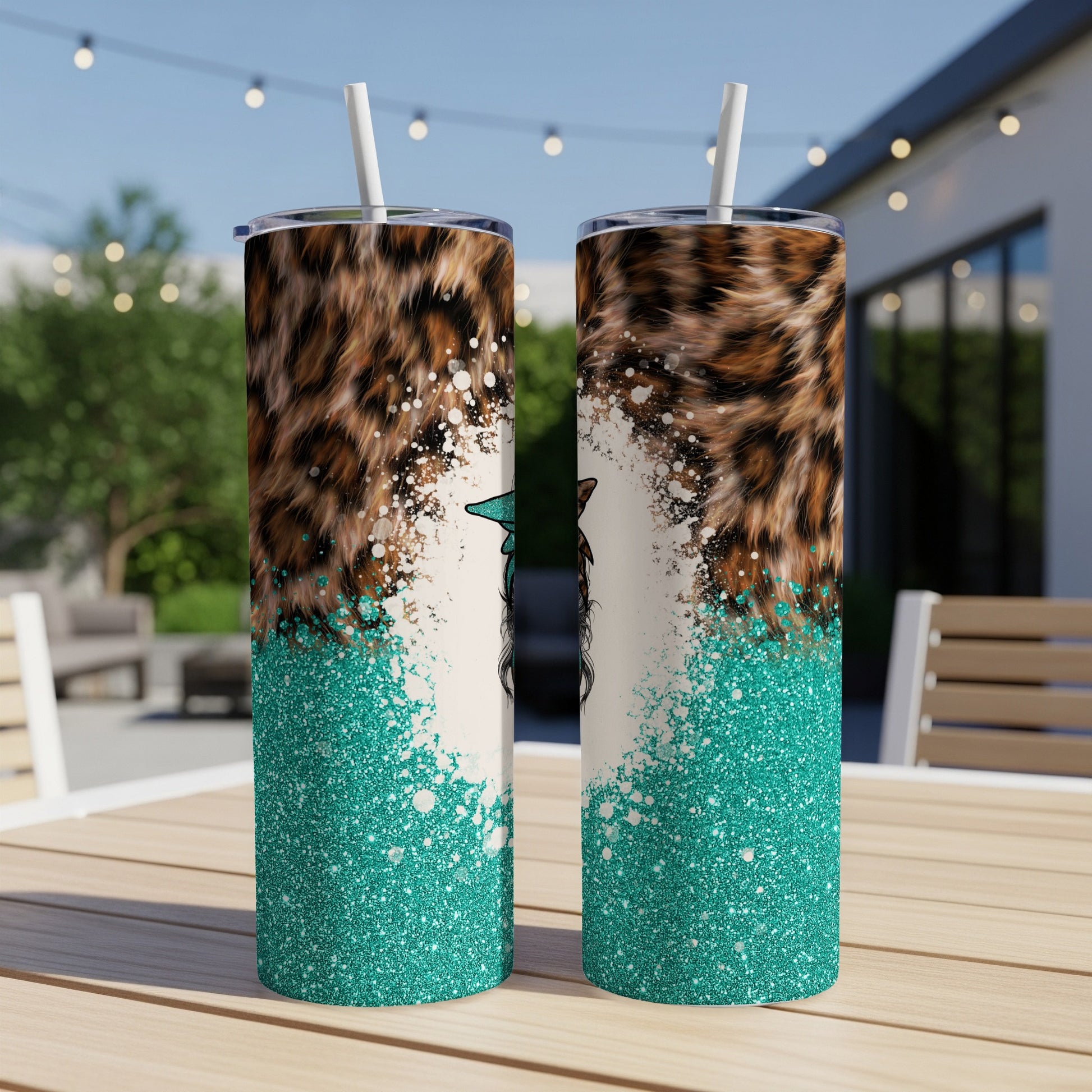 Two tumblers with leopard print and turquoise glitter.