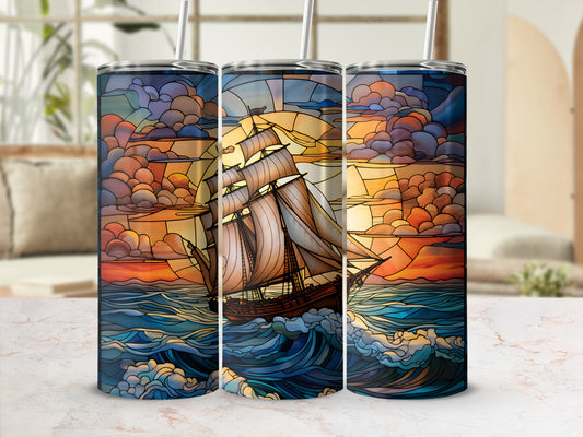 Sailboat on wavy ocean at sunset, stained glass style.
