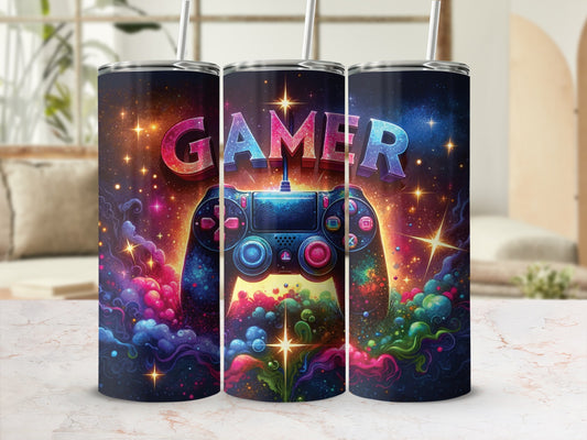 Gamer controller with colorful cosmic background and glitter.