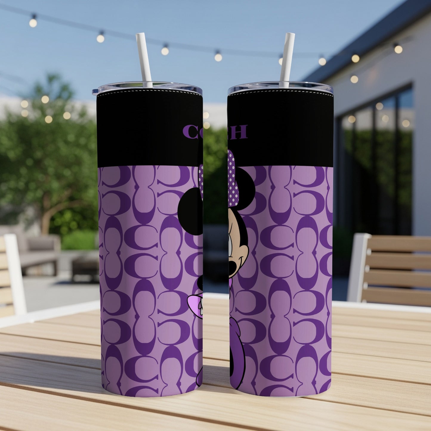 Two tumblers with a purple COACH pattern and Minnie Mouse graphics.