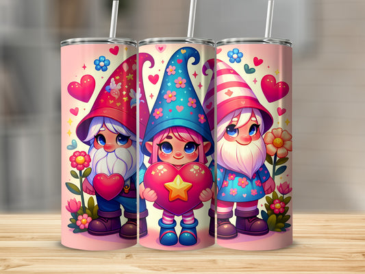 Cute Gnome Themed Tumblers with Heart and Star Graphics