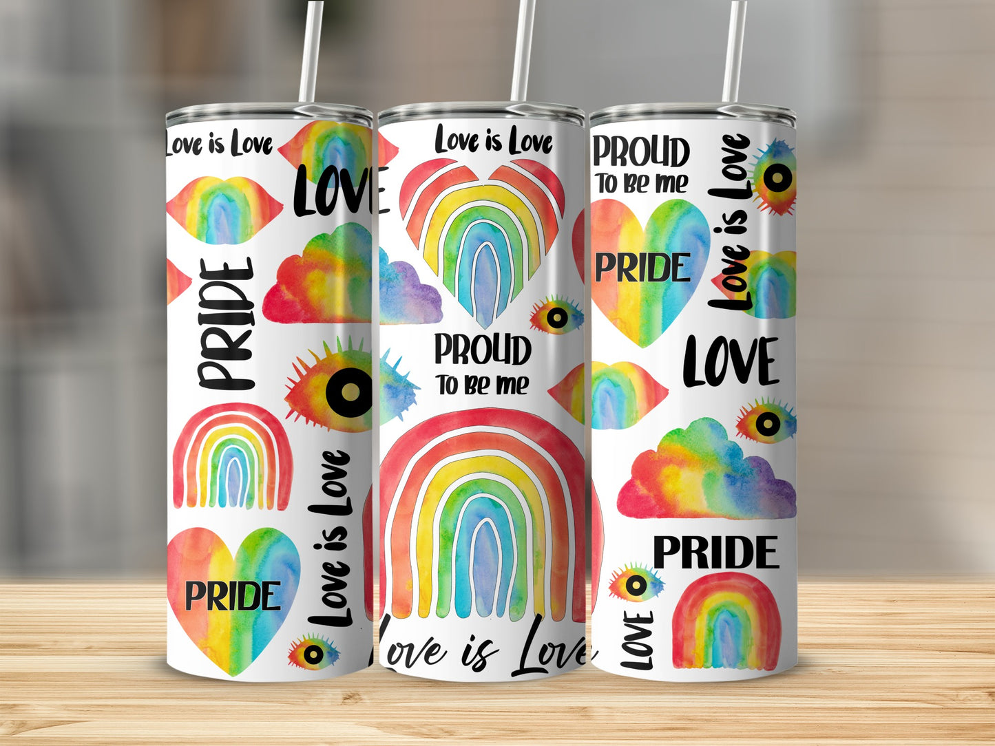 Rainbows, hearts, and eyes on pride-themed tumblers with "Love is Love" text.