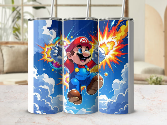 Mario in mid-air with a colorful explosion behind him on a blue tumbler.