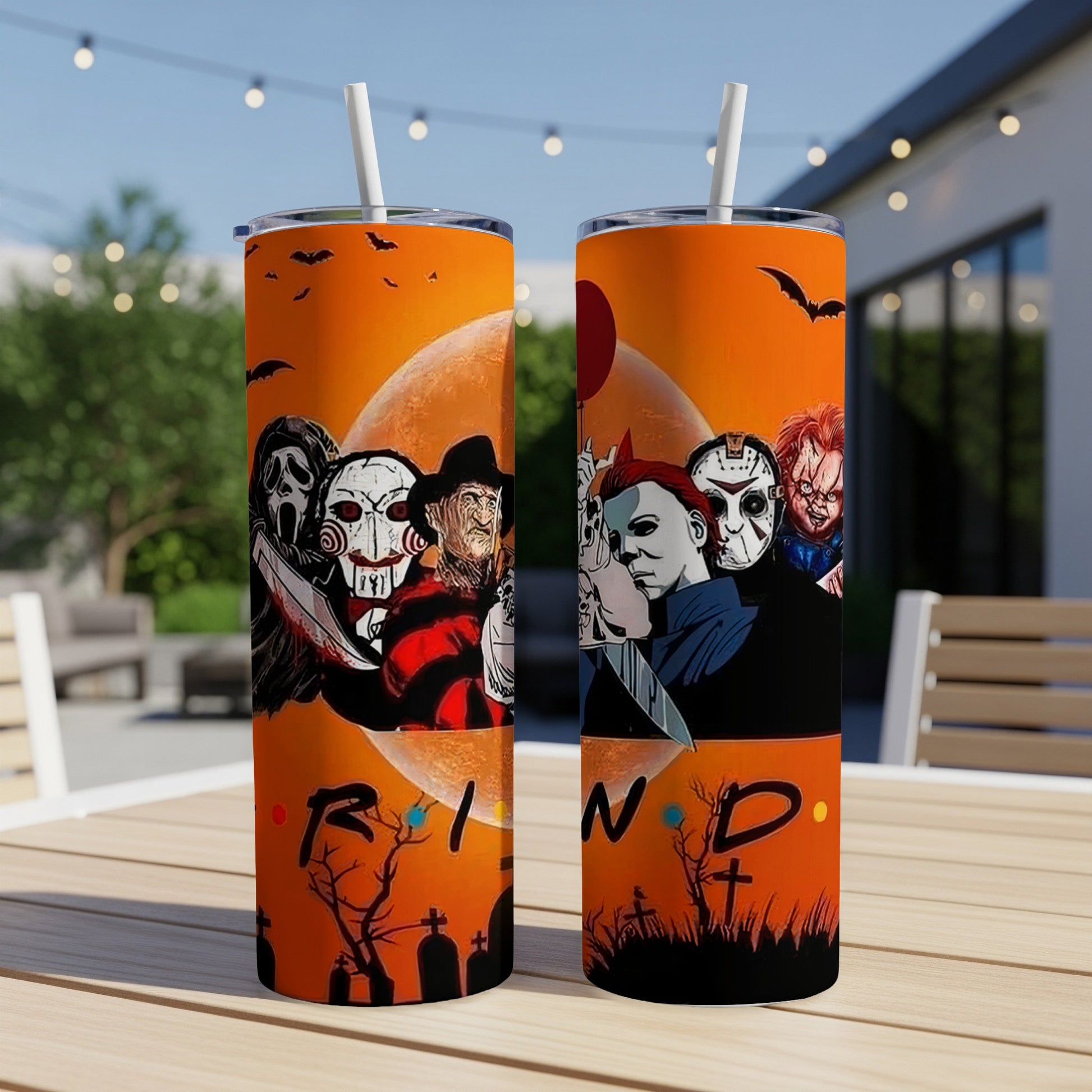 Two tumblers with horror characters and "FRIEND" text on an orange Halloween background.