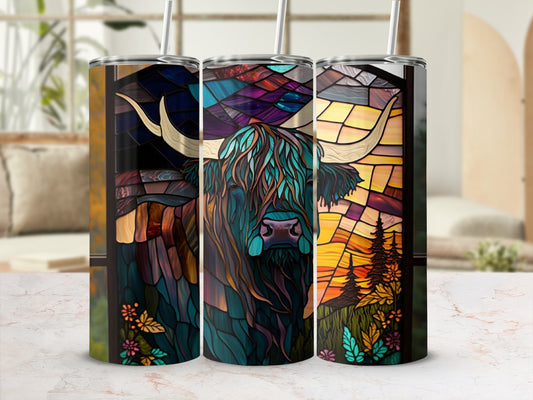 Stained glass Highland cow design on three tumblers.
