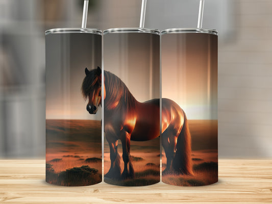 Three tumblers featuring a majestic horse in a warm, sunset landscape.