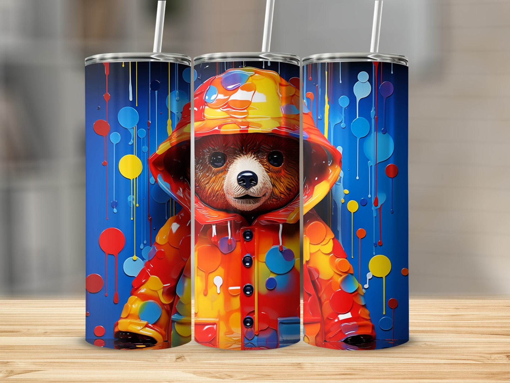 Colorful Bear with Raincoat Tumbler Unique Drinkware