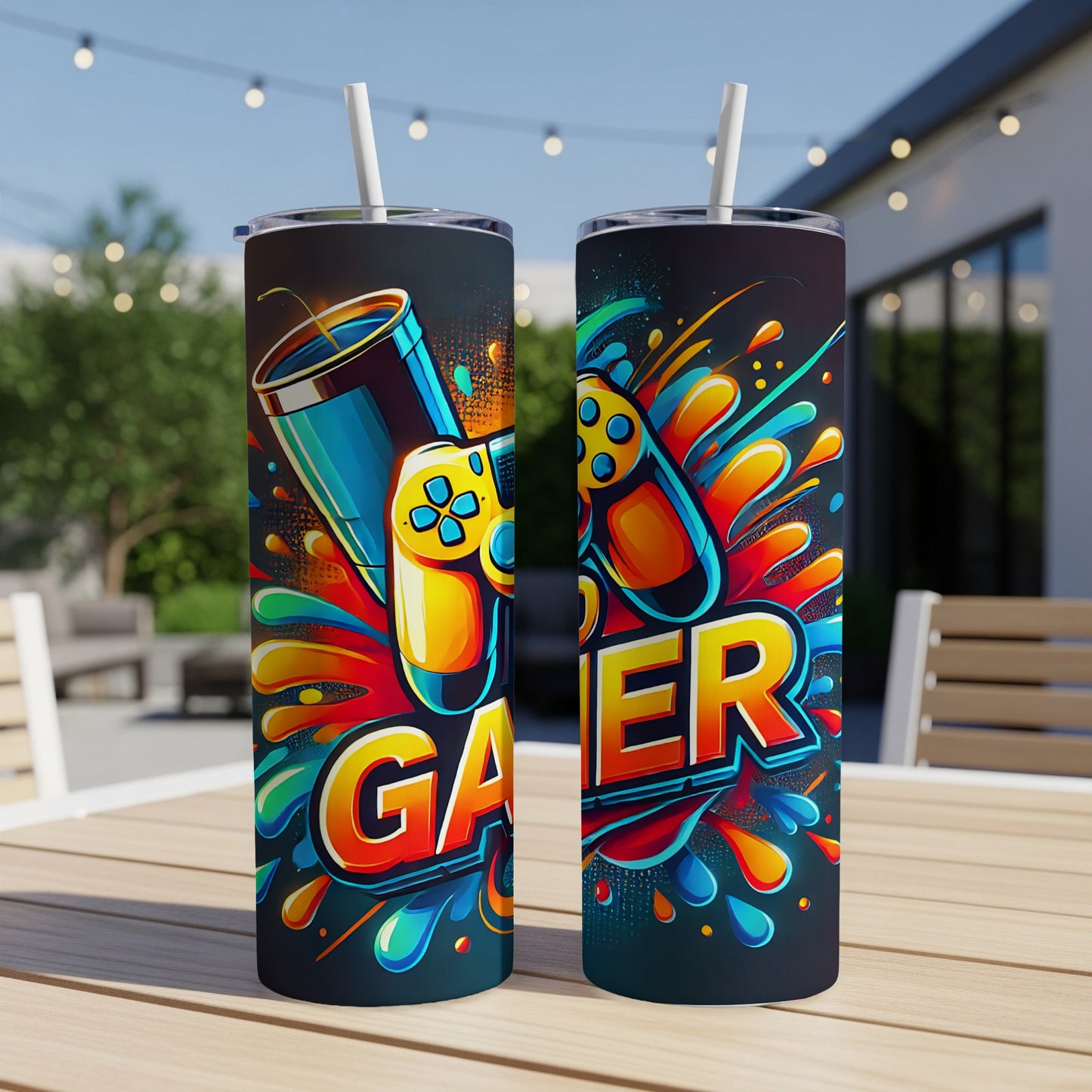 Two gaming tumblers with colorful "GA MER" text and controllers.