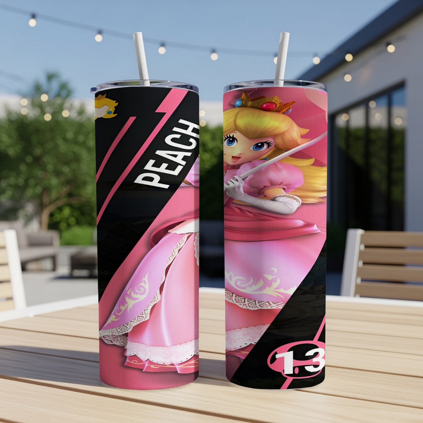 Princess Peach with umbrella, pink tumbler with "Peach" and "13" text.