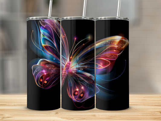 Black tumbler with iridescent butterfly design and straw.