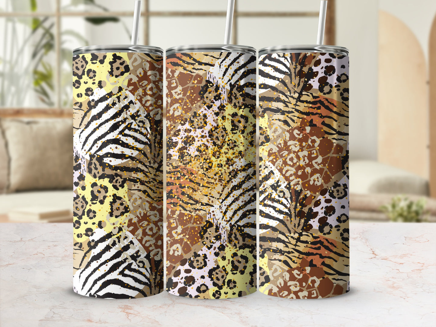 Animal Print Insulated Tumbler Flask with Straw