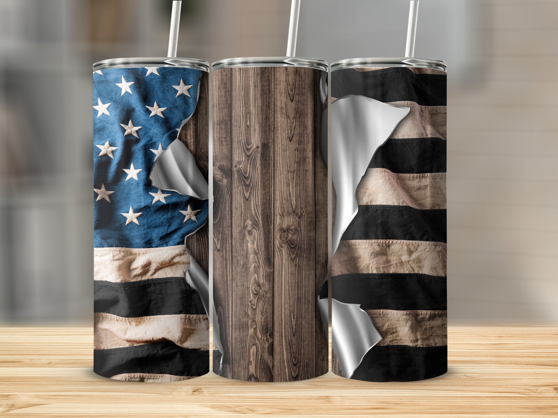 Three tumblers: two with ripped American flag design, one with wood grain.