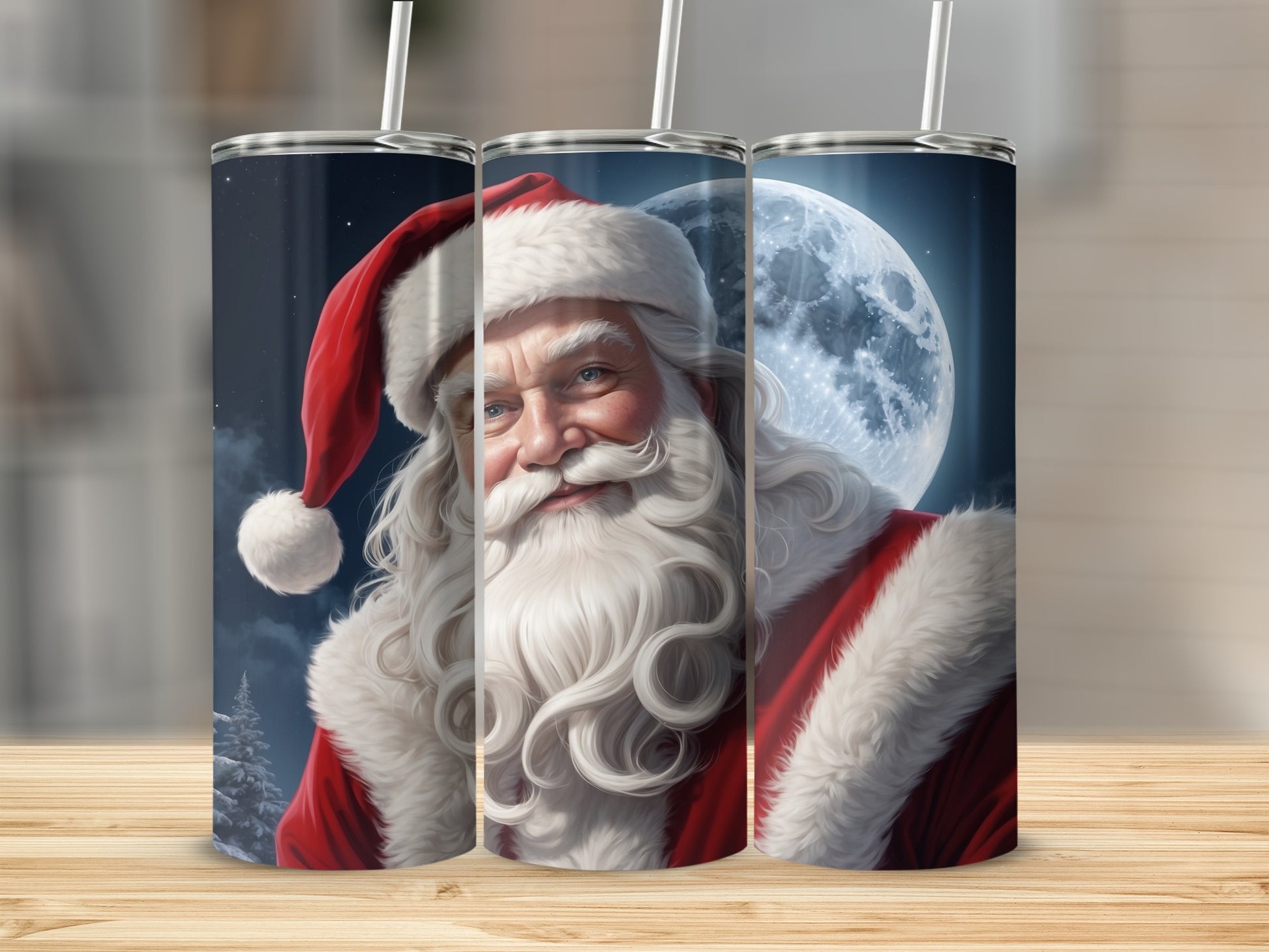 Santa Claus portrait with moon and snowy trees in background.
