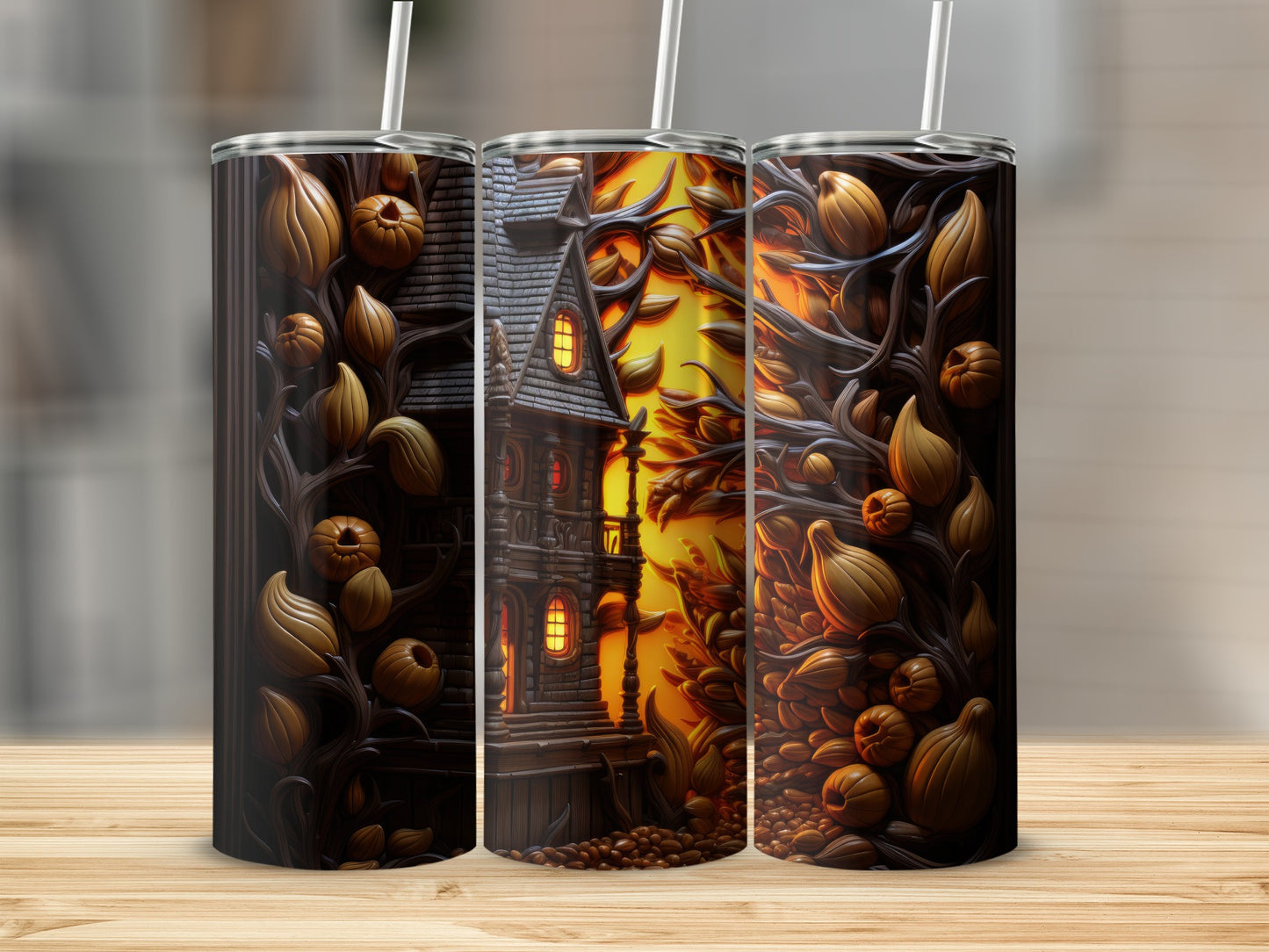Three tumblers featuring a spooky haunted house with pumpkins and fall leaves design.