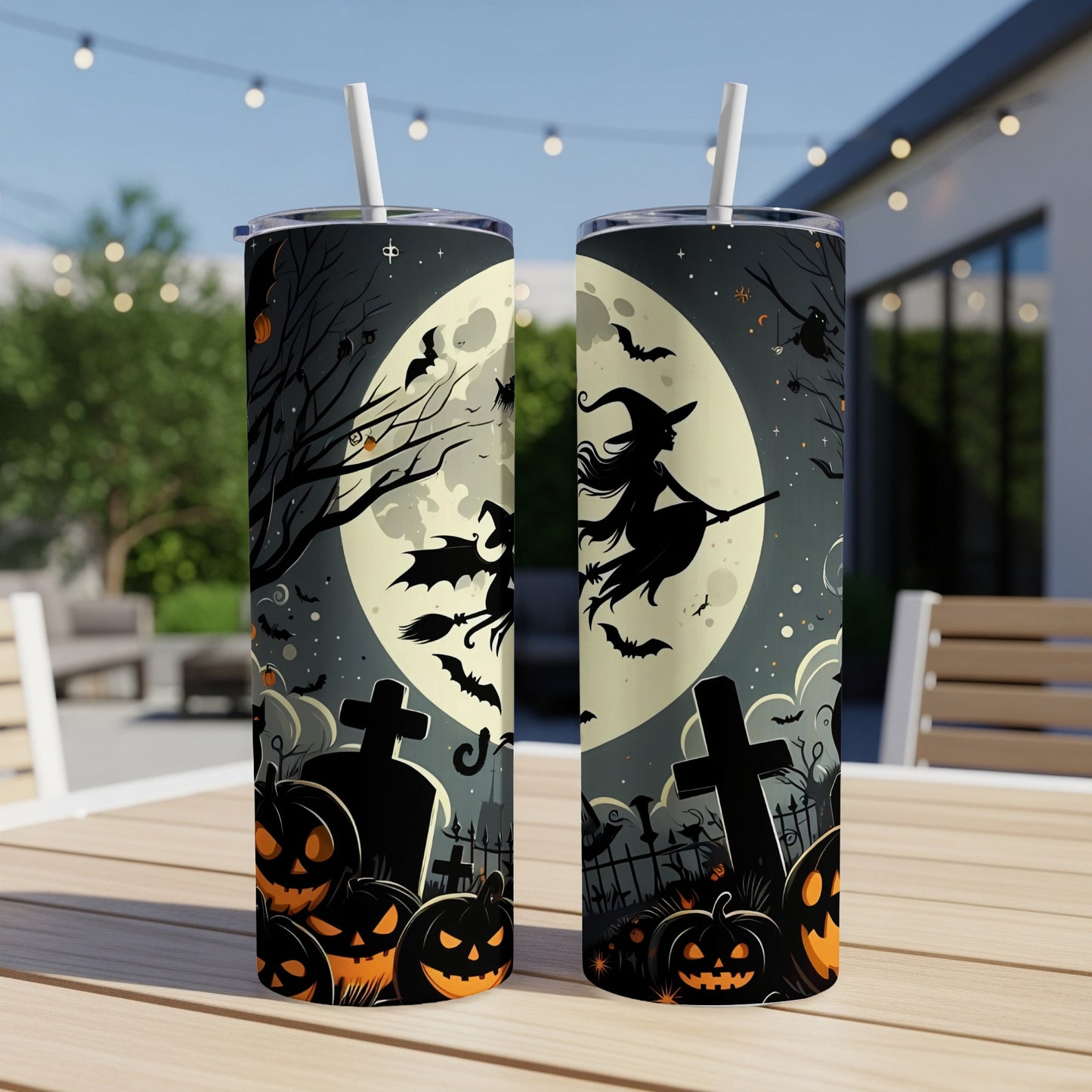 Halloween tumblers with witch, bats, pumpkins, and tombstones under a full moon.