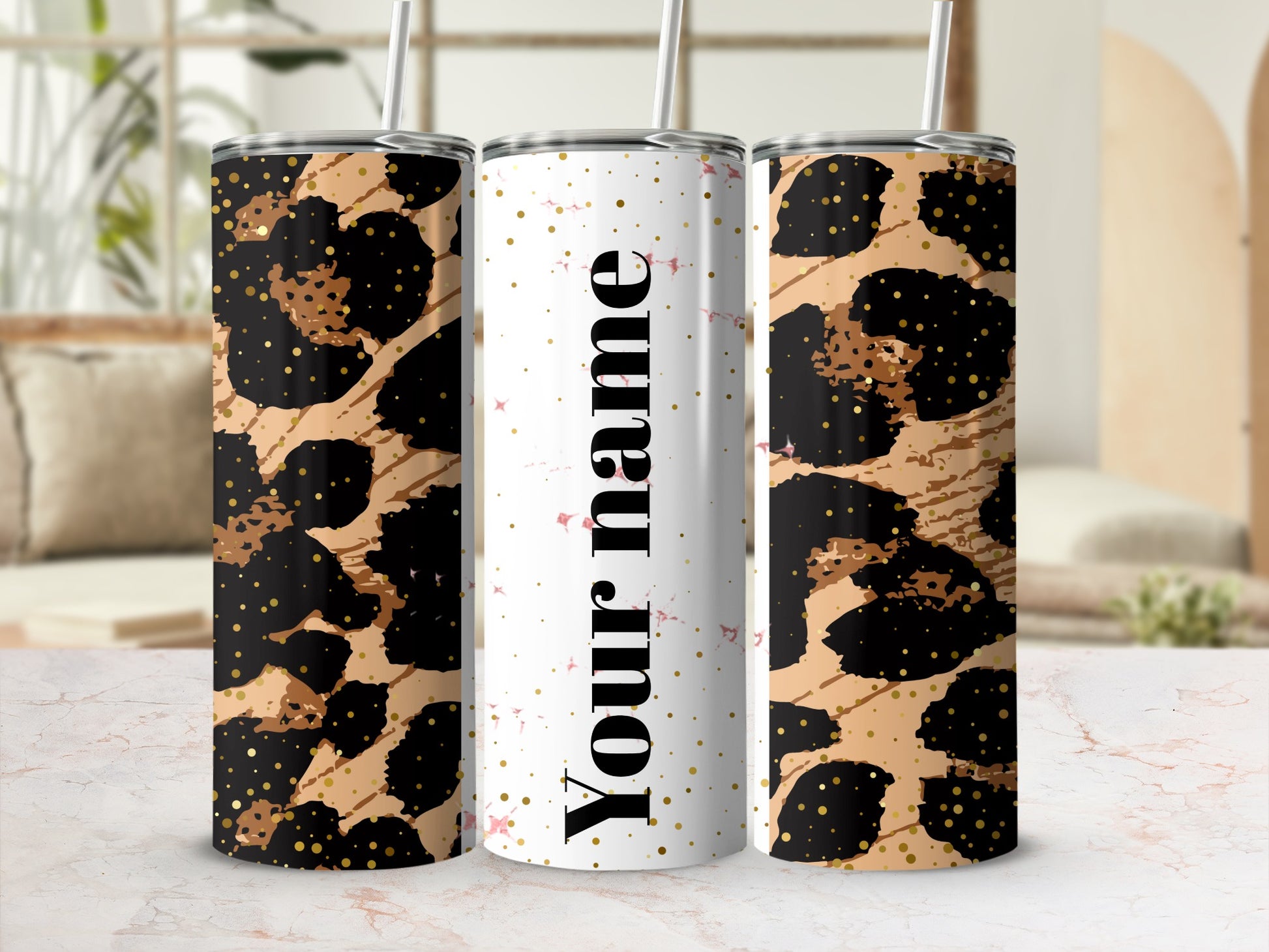 Customizable Leopard Print Tumbler with Name Text