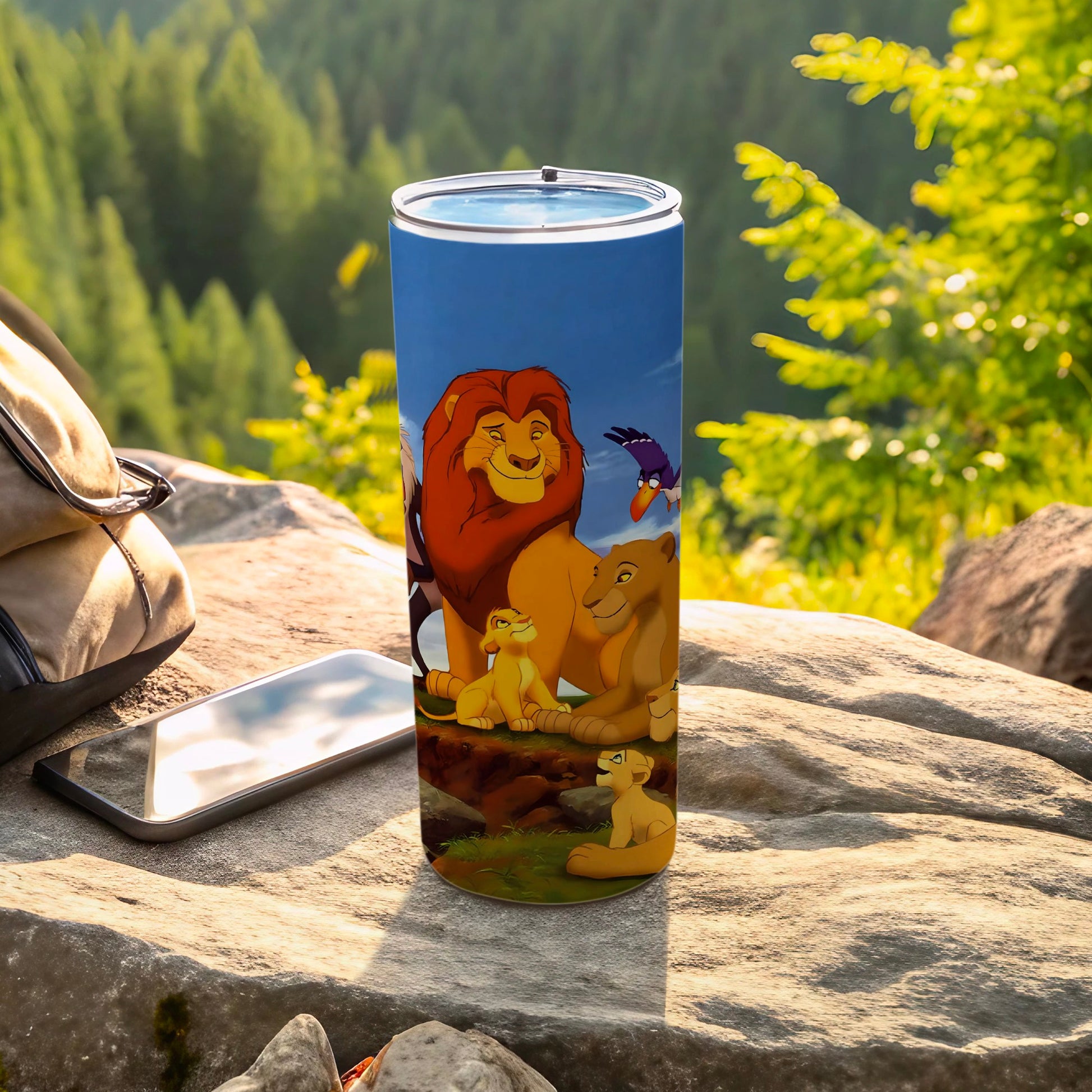 Lion Family Themed Tumbler Featuring Scenic Background