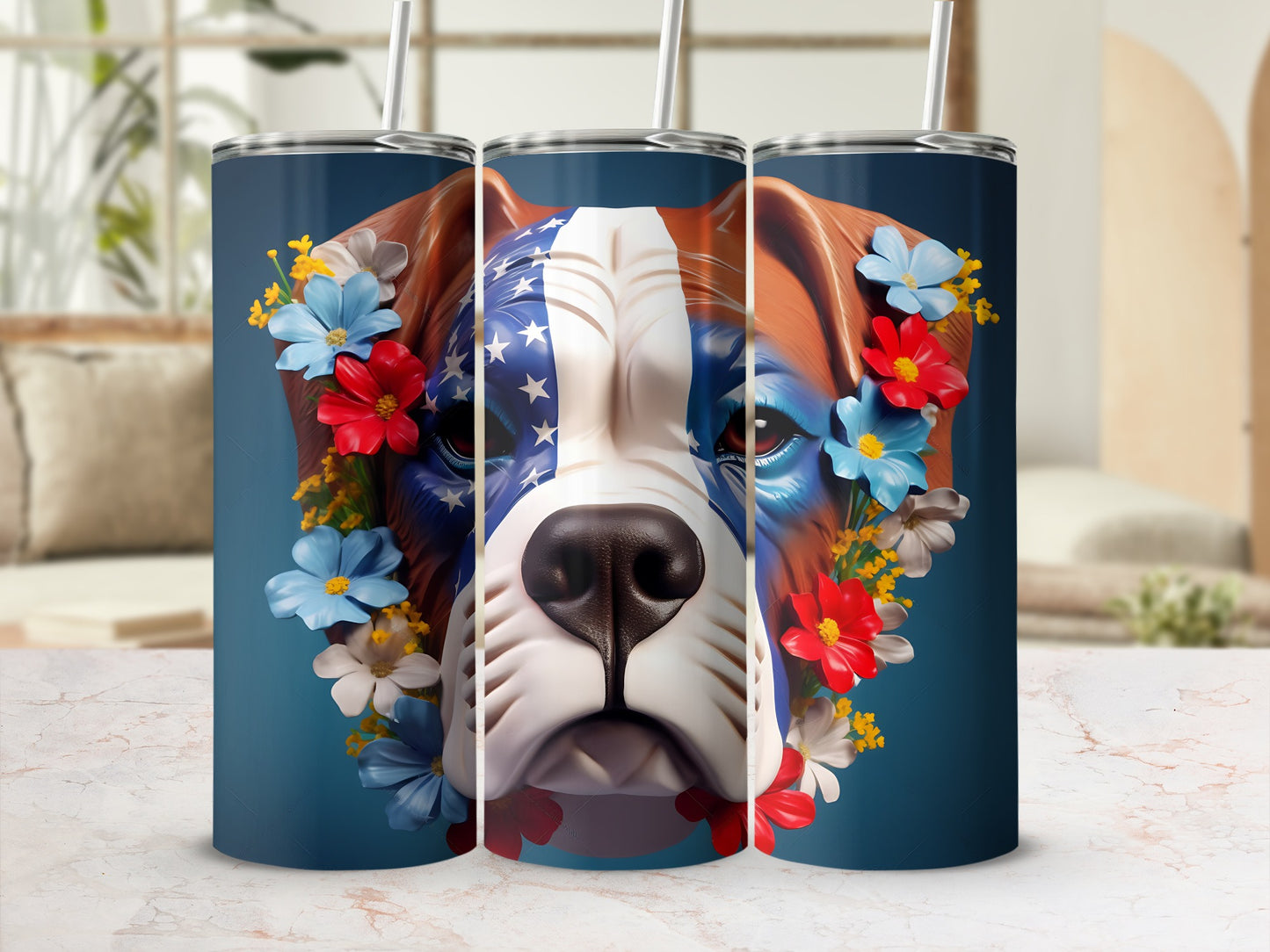 Dog wearing American flag bandana surrounded by flowers on a blue tumbler.