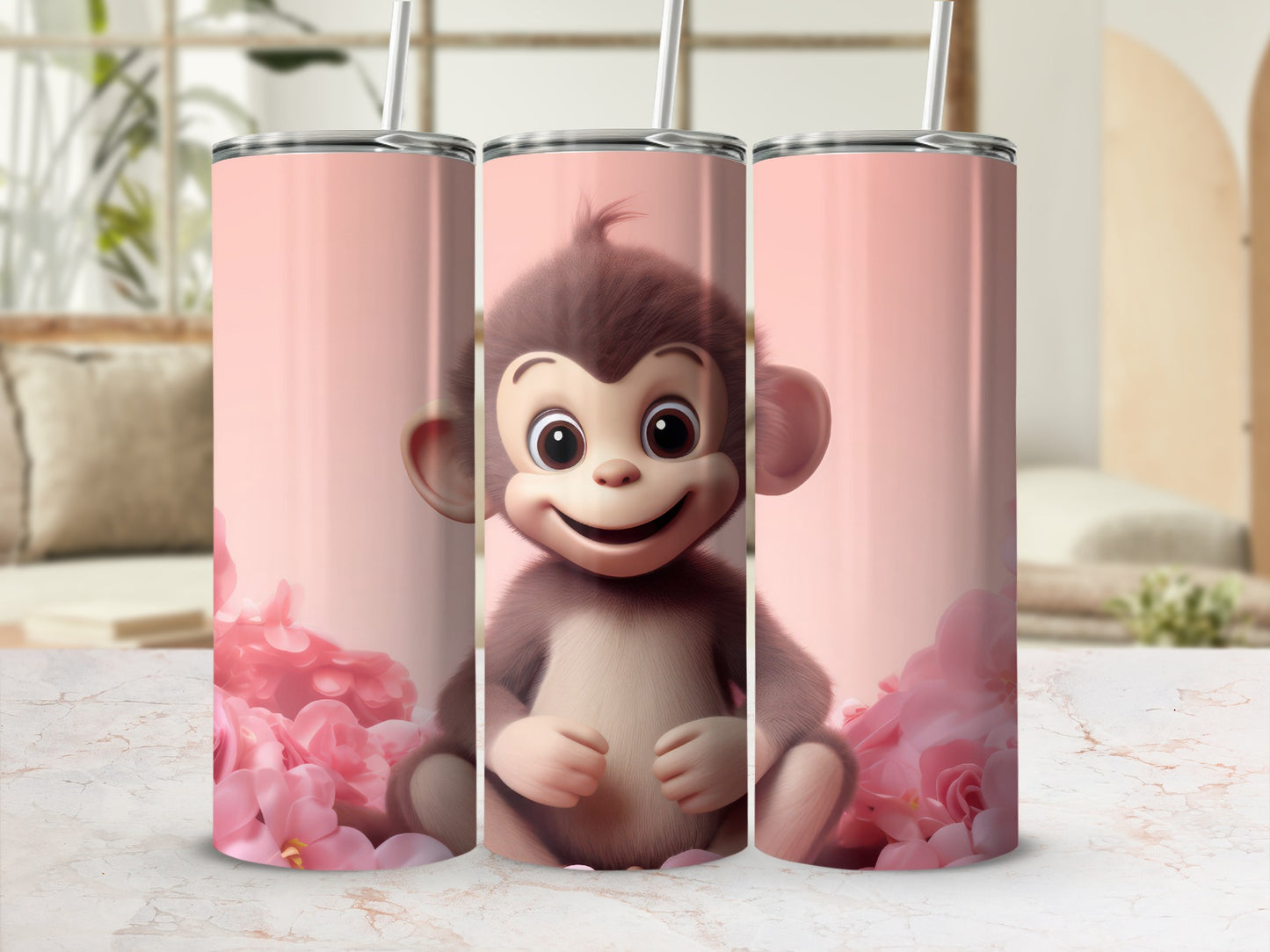 Adorable Smiling Baby Monkey Pink Flowers Tumbler product type