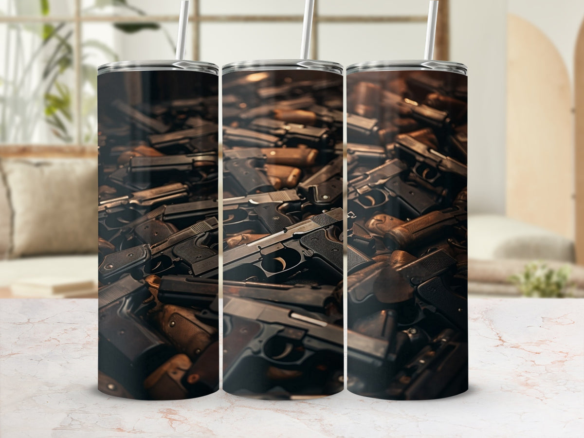 Tumbler with a pattern of multiple handguns piled together.