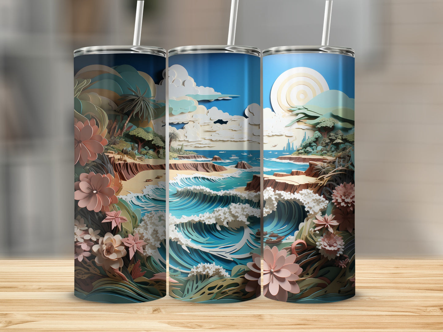 Three tumblers with a colorful beach and ocean scene illustration.