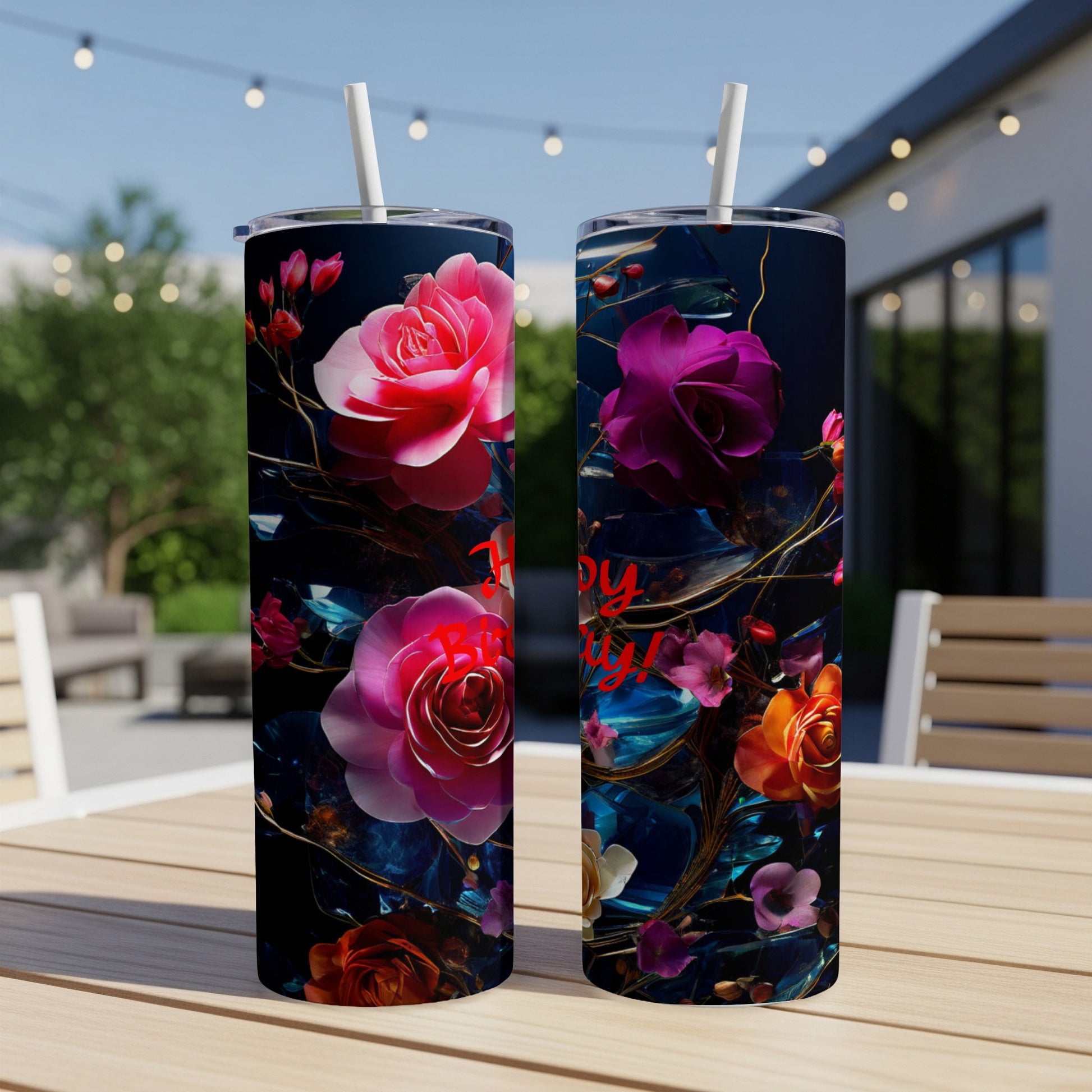 Two tumblers with floral design and "Happy Mother's Day" text.