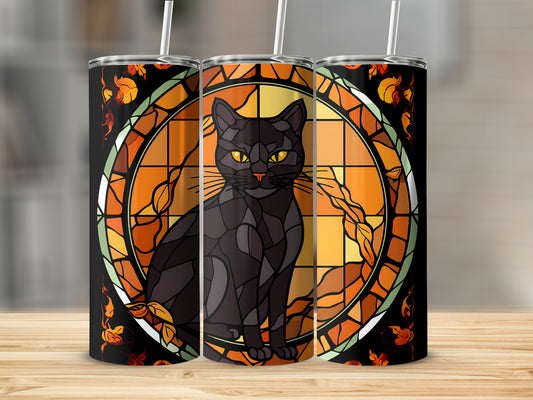 Black cat in stained glass pattern on a tumbler.