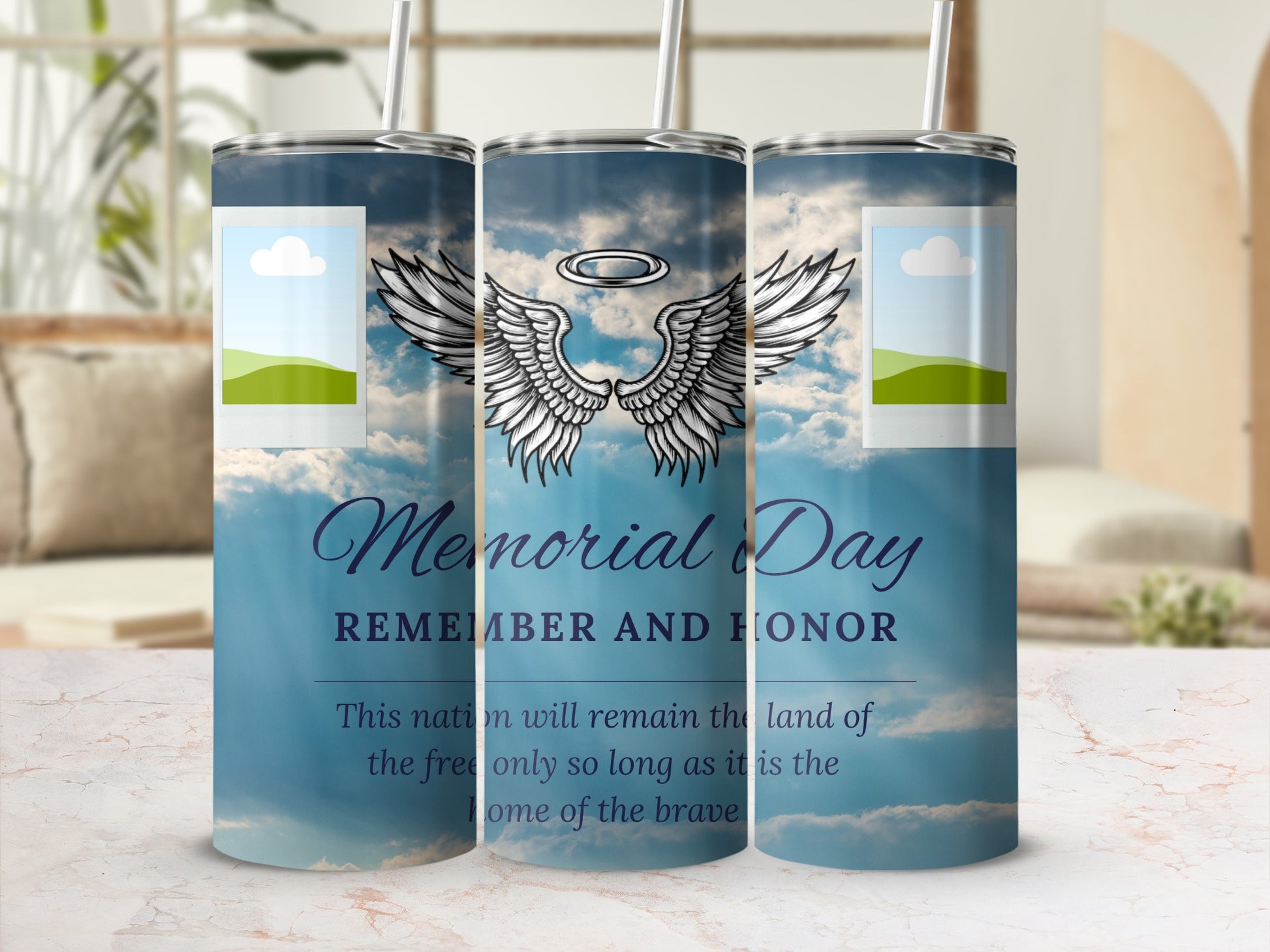 Memorial Day tumbler with angel wings, halo, and patriotic quote.