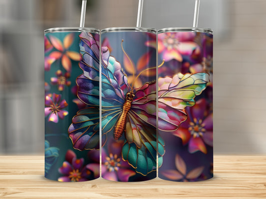 Three tumblers featuring a colorful stained-glass butterfly and floral pattern.