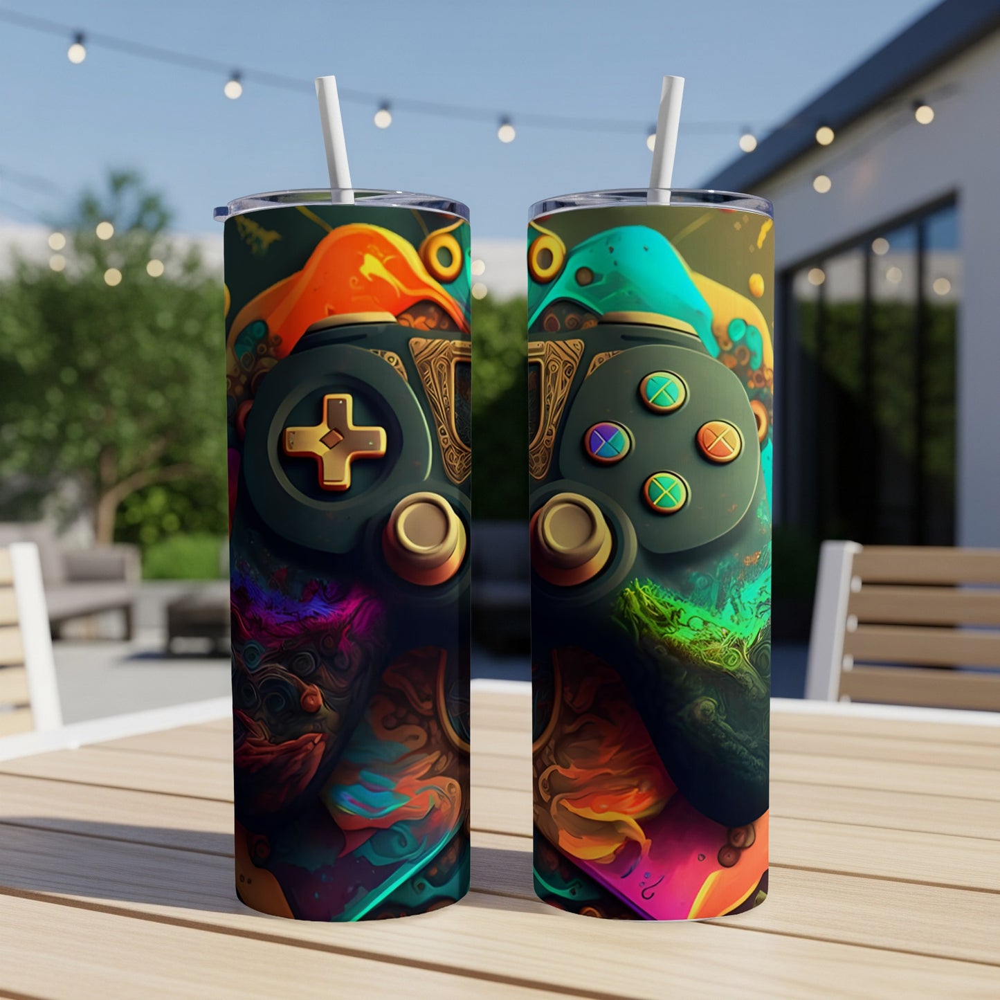 Two tumblers with a colorful video game controller design.