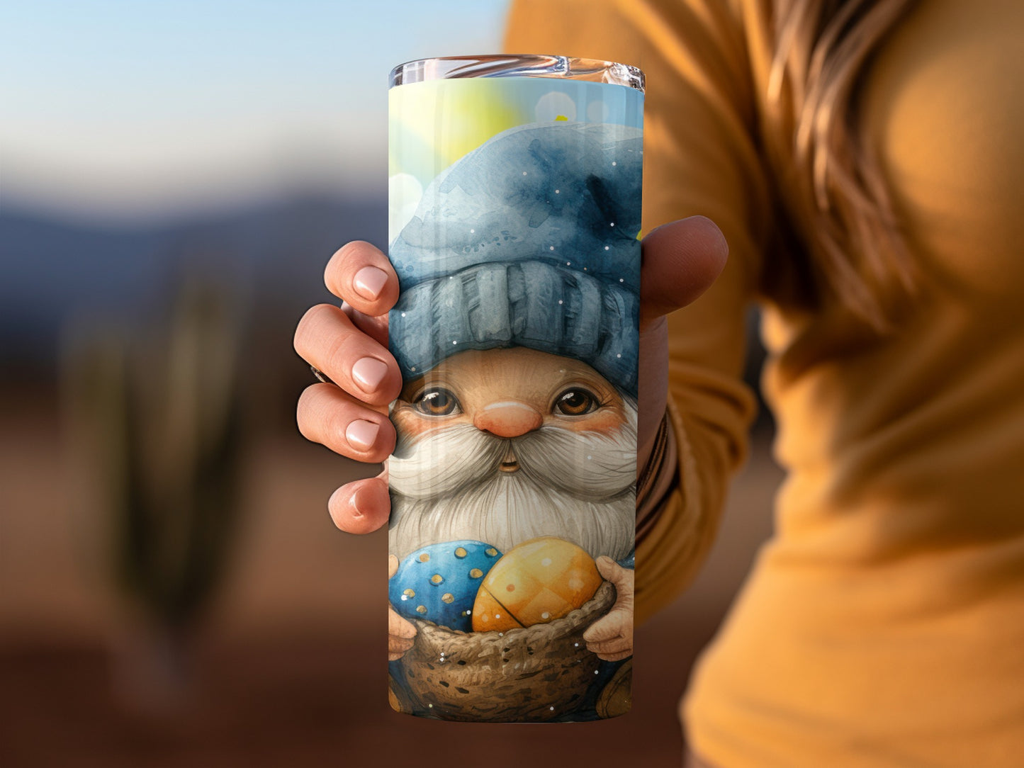 Festive Gnome Holding Colorful Eggs Travel Tumbler
