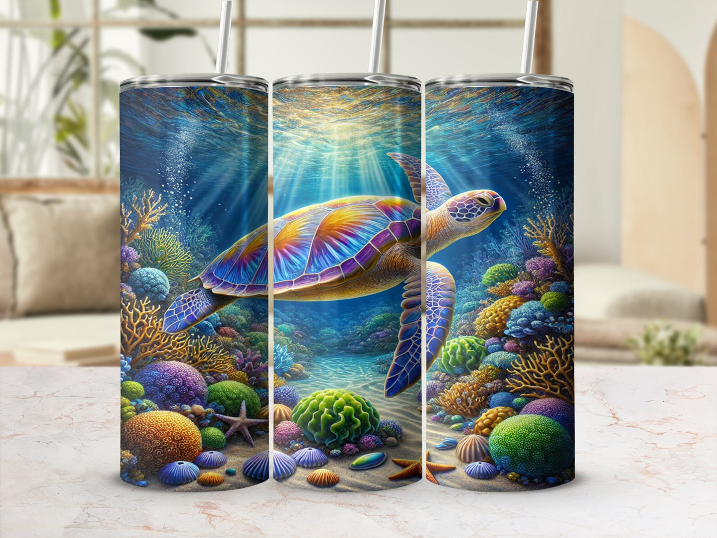 Colorful Sea Turtle and Coral Reef Tumbler Design