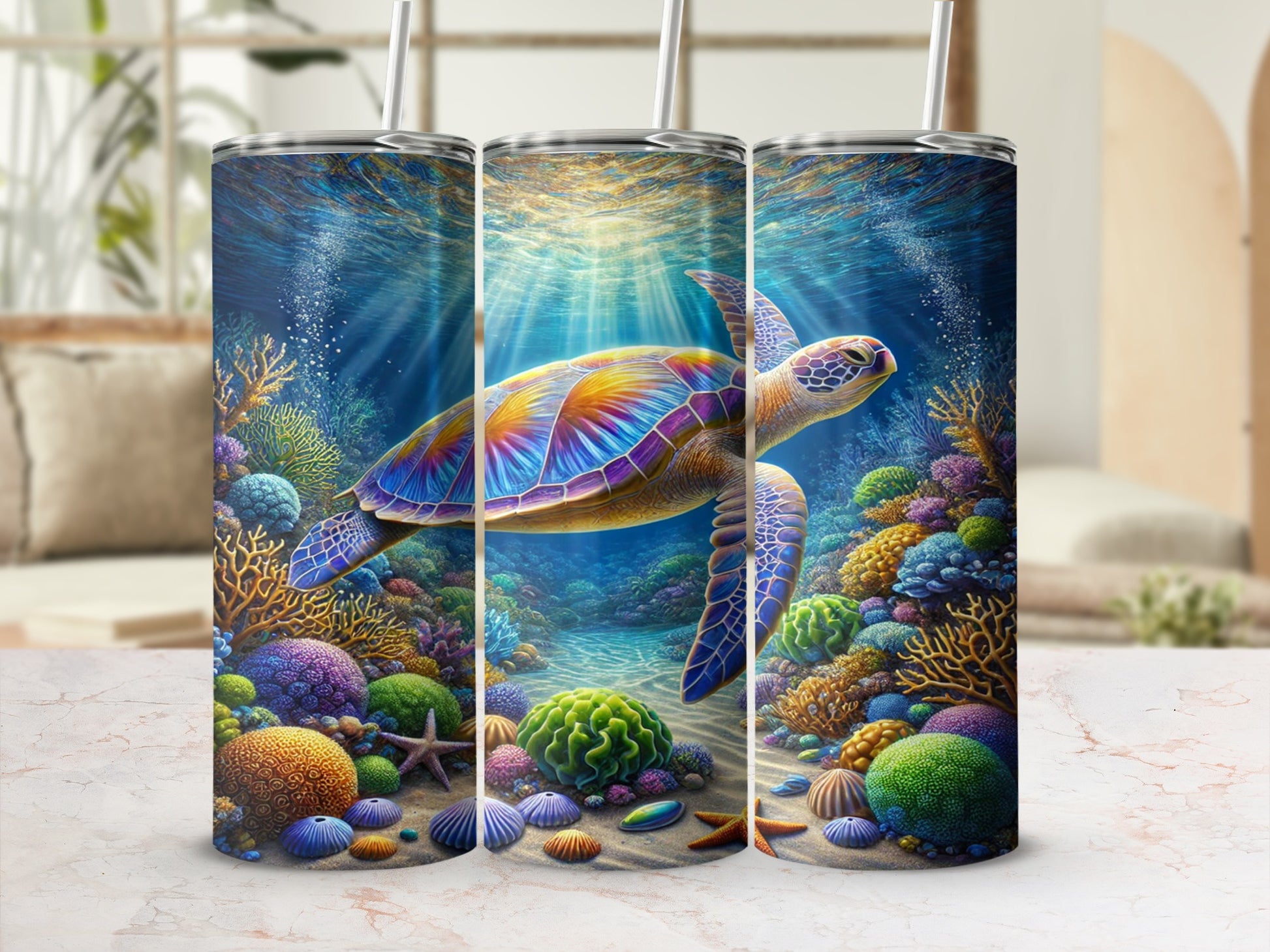 Colorful Sea Turtle and Coral Reef Tumbler Design