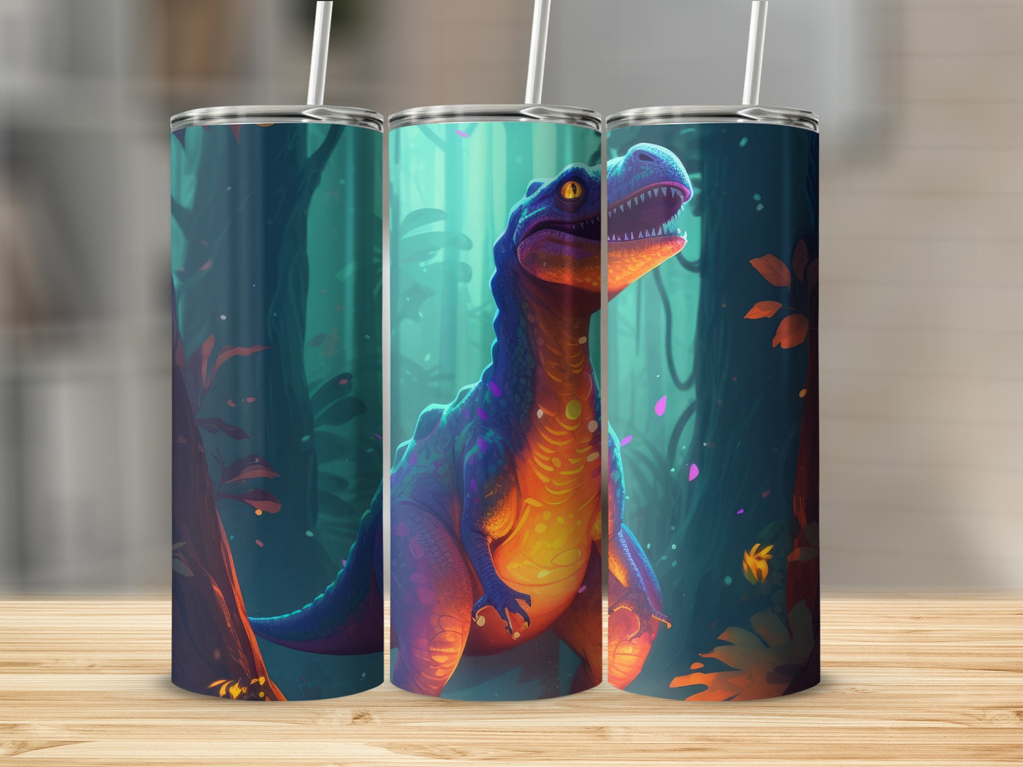 Colorful Dinosaur Tumbler with Straw Fantasy-Themed Drinkware