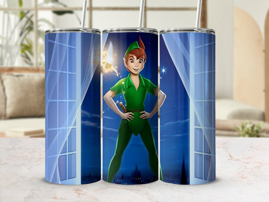 Peter Pan and Tinker Bell flying by window tumbler