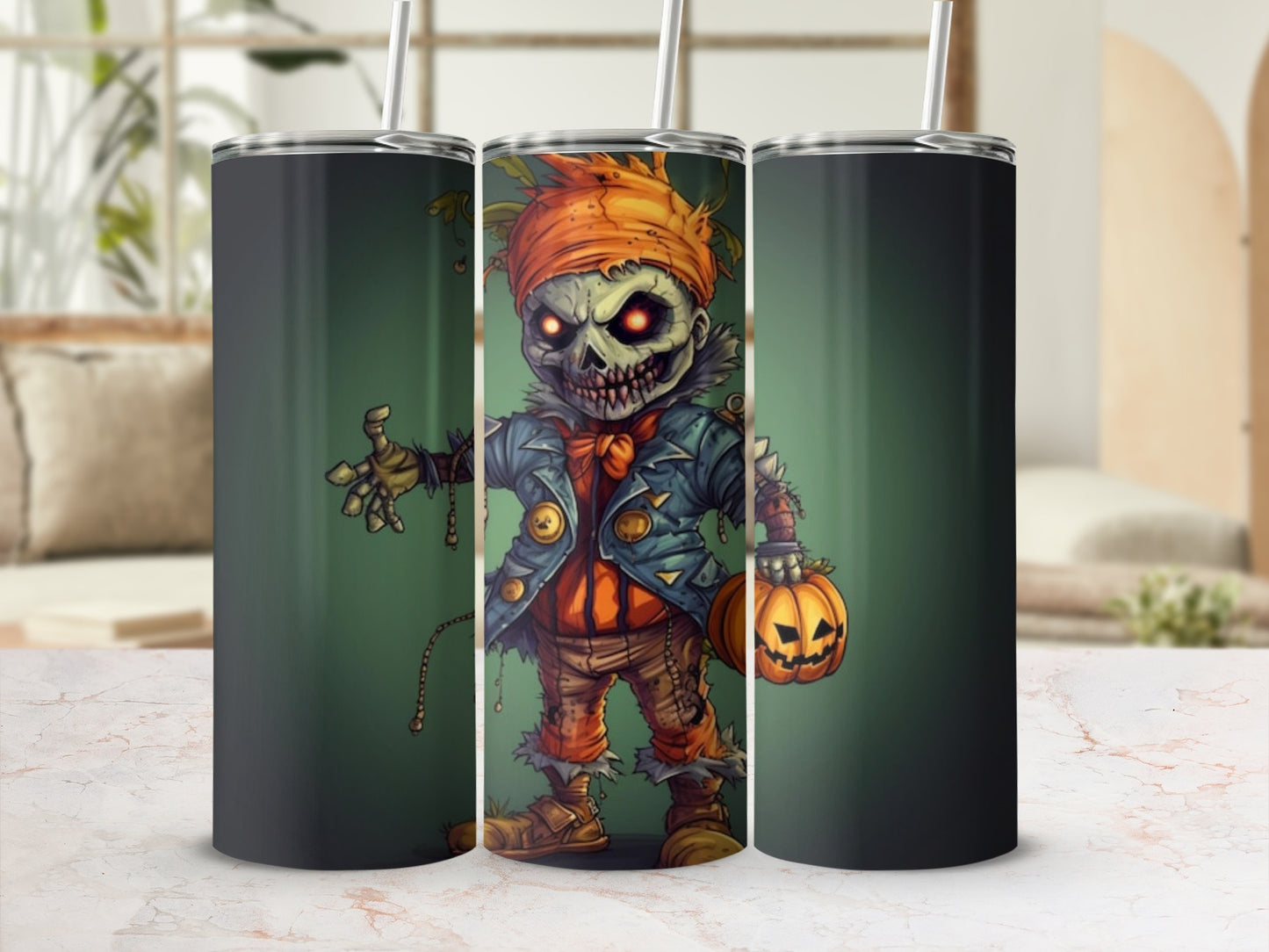 Tumbler featuring a spooky scarecrow character holding a jack-o'-lantern.