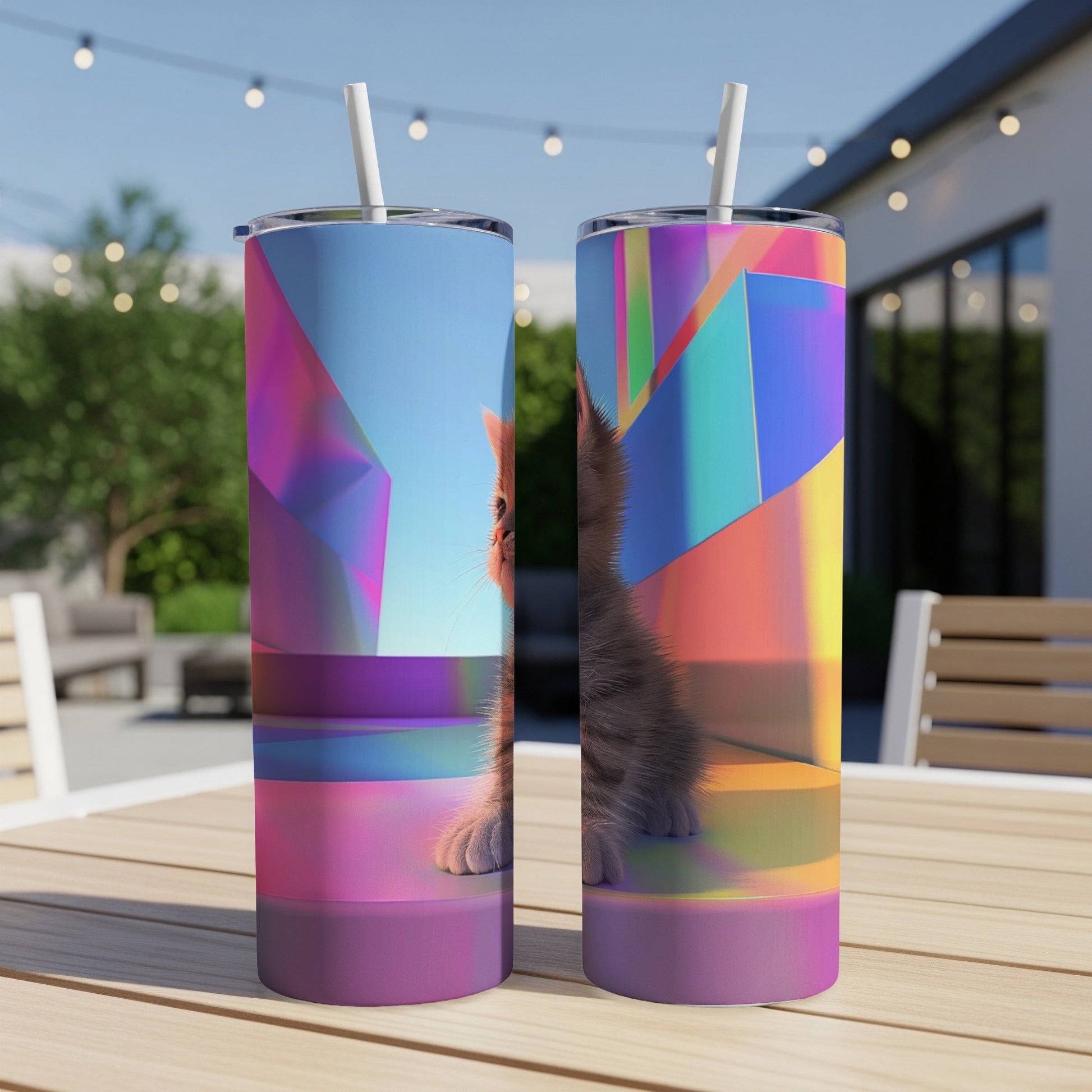 Two tumblers with a kitten and abstract geometric shapes.