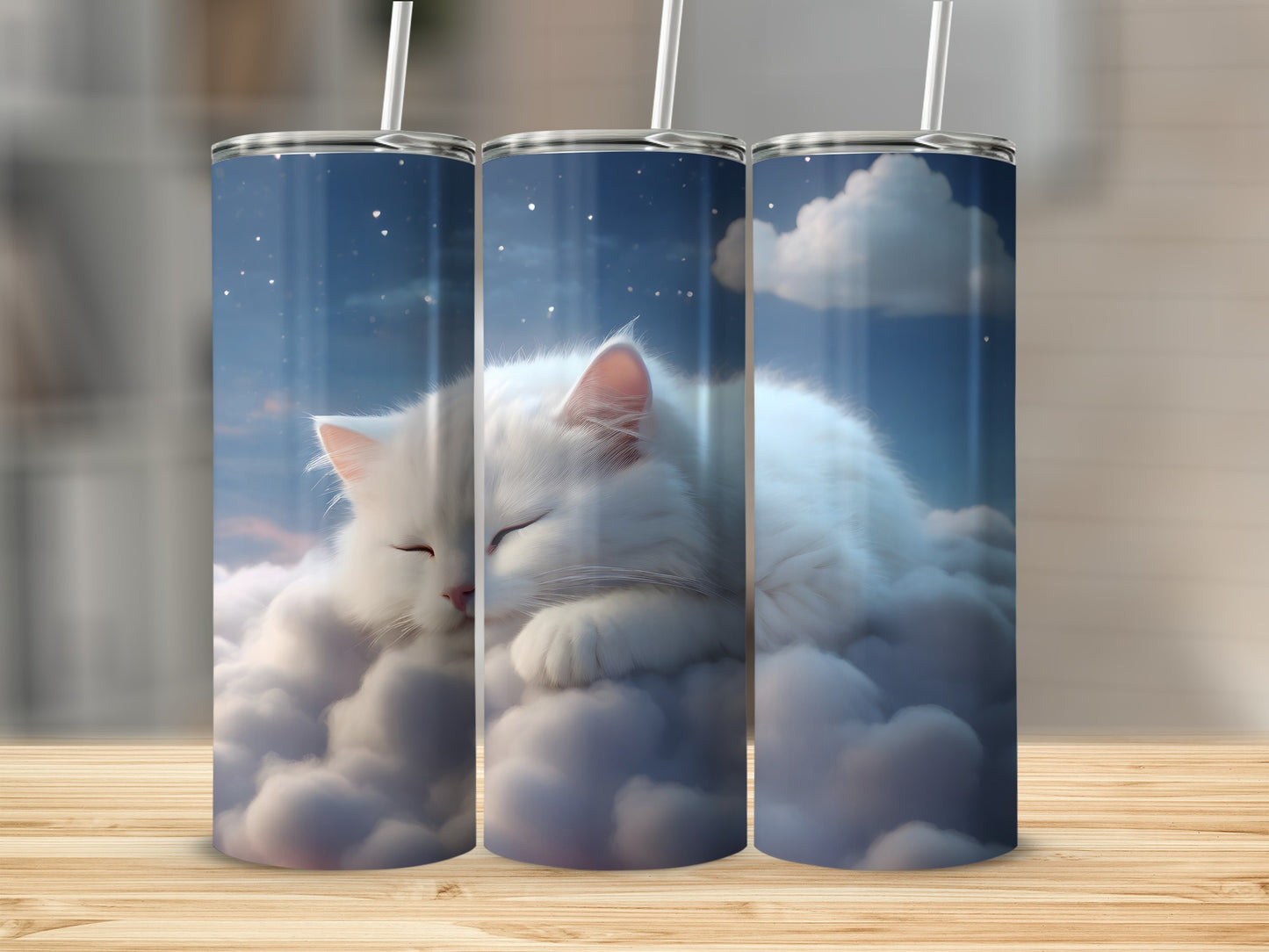 White cat sleeping on clouds under starry night sky.