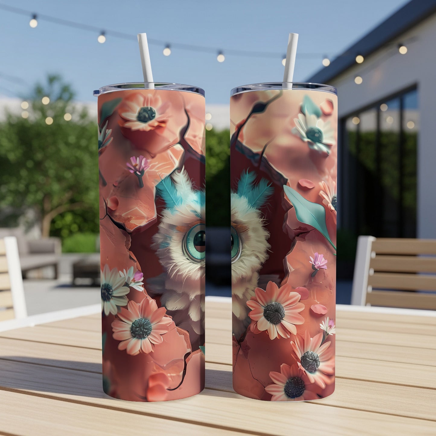 Two tumblers with an owl and floral design, set on an outdoor table.