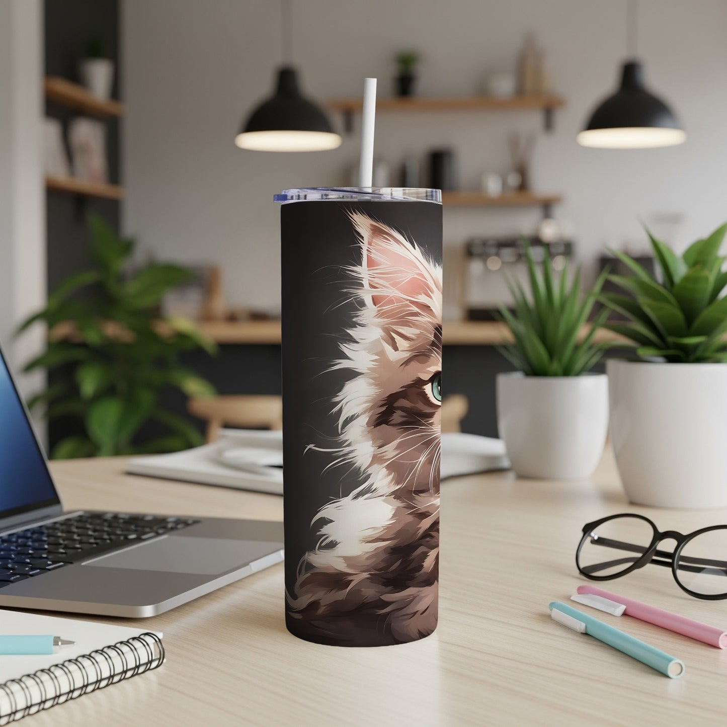 Cat portrait on a black tumbler with a straw, on a desk.