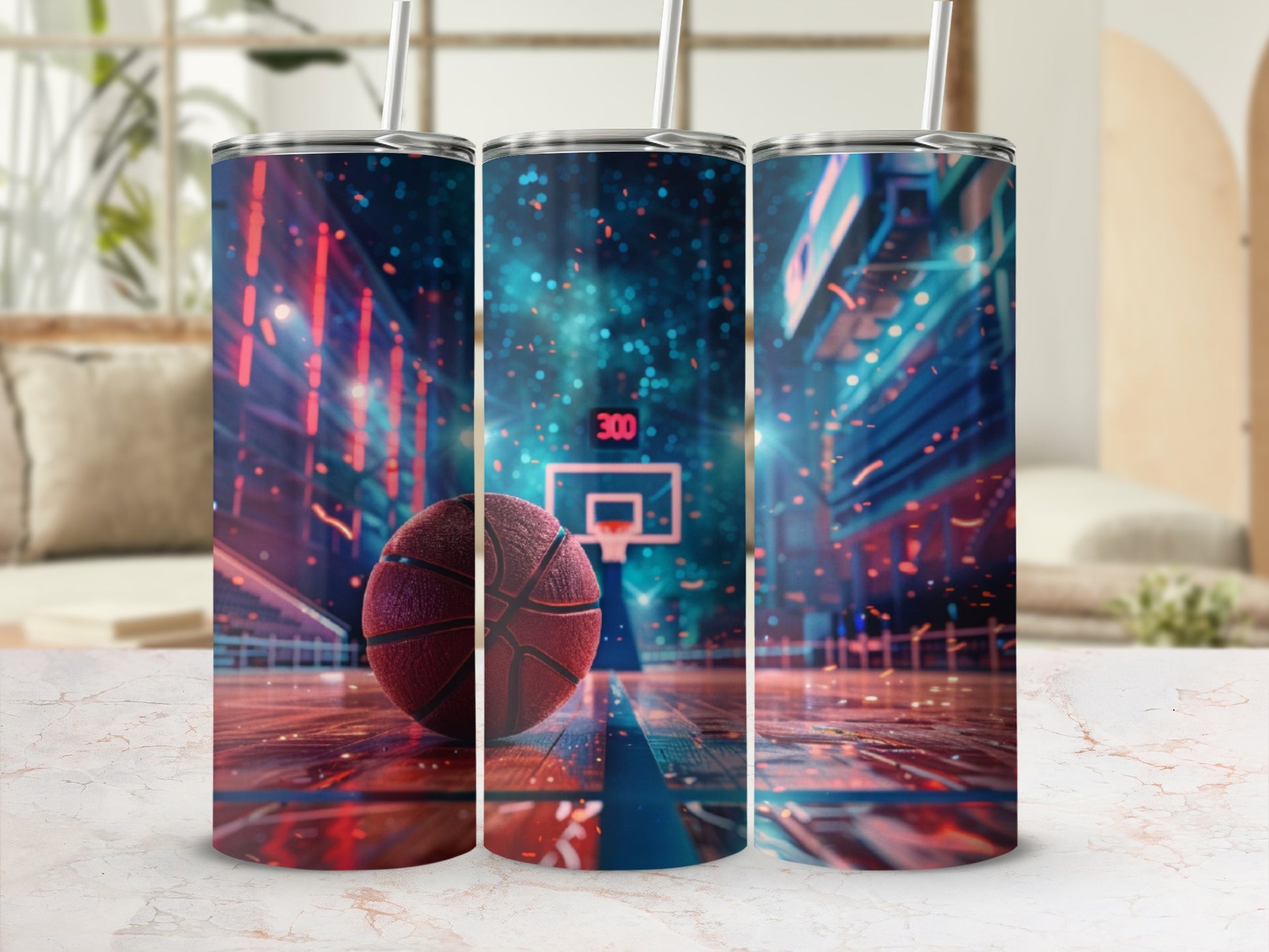 Basketball tumbler with court background and neon lights.