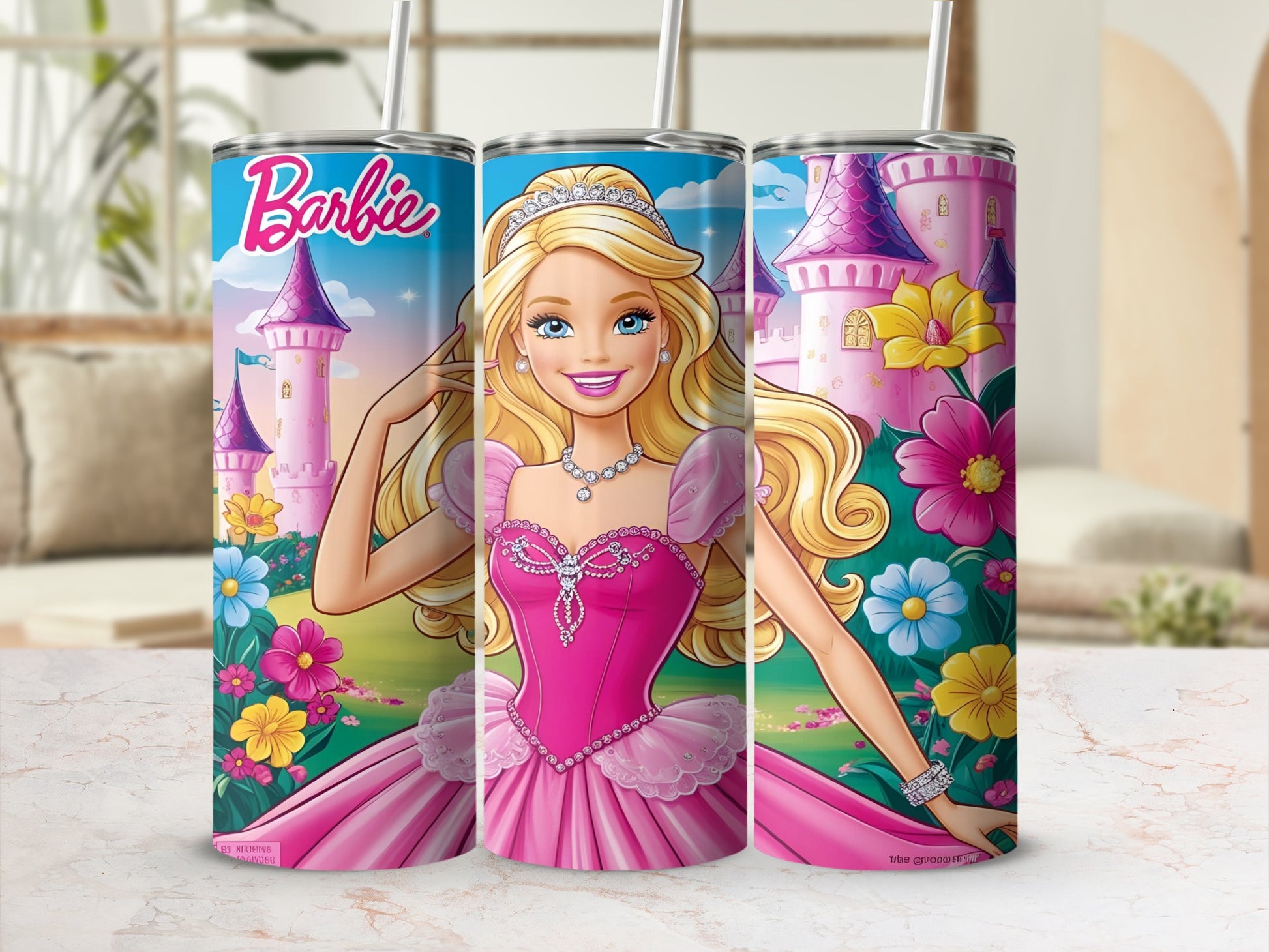 Barbie in a pink dress and crown with flowers and castles on a tumbler.
