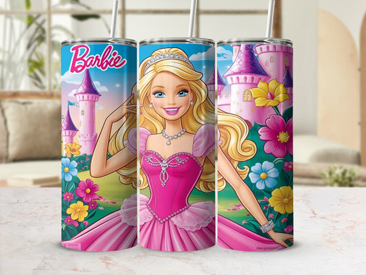 Barbie in a pink dress and crown with flowers and castles on a tumbler.