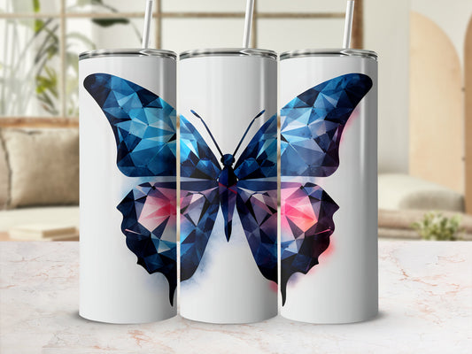 Three white tumblers featuring a blue geometric butterfly design.